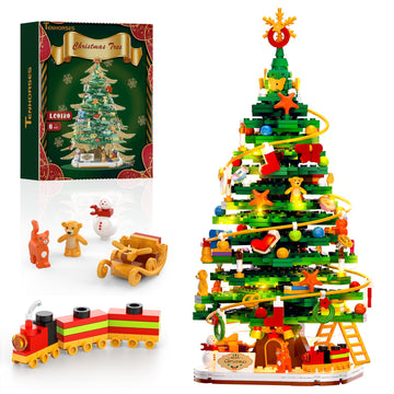 Christmas Tree with LED Light Building Blocks, Compatible with Lego Christmas Ornaments Set for Tabletop Home, Wreath Snowflake Xmas Decoration