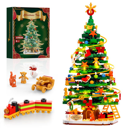 Christmas Tree with LED Light Building Blocks, Compatible with Lego Christmas Ornaments Set for Tabletop Home, Wreath Snowflake Xmas Decoration