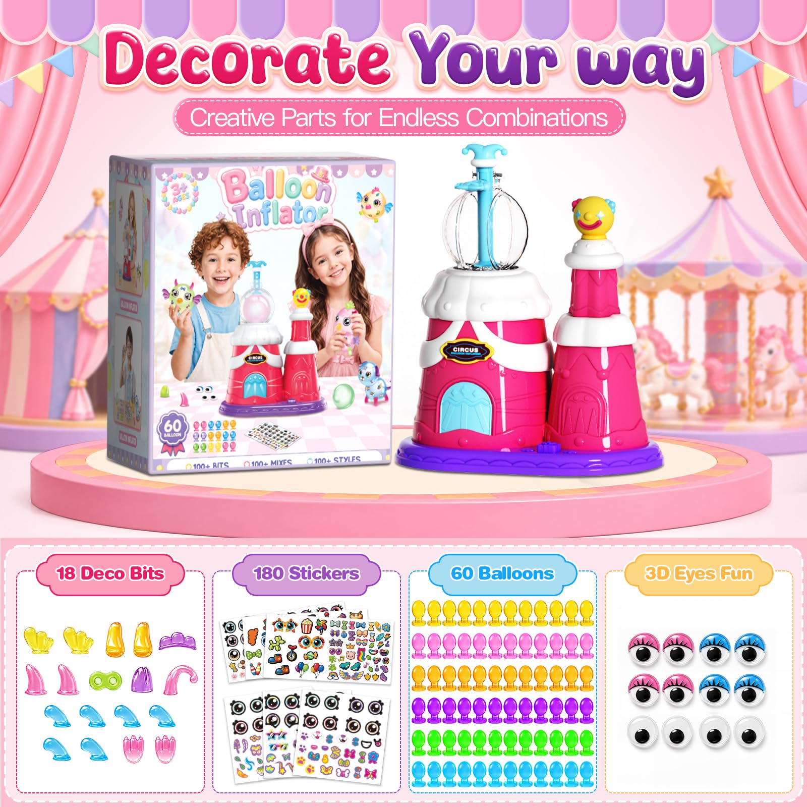 Motivekit Circus Balloon Craft Kit - DIY Sticky Balloon Animal Set with Pump, Funny Inflator for Kids, 3D Stickers, Bouncy Balloons & Accessories