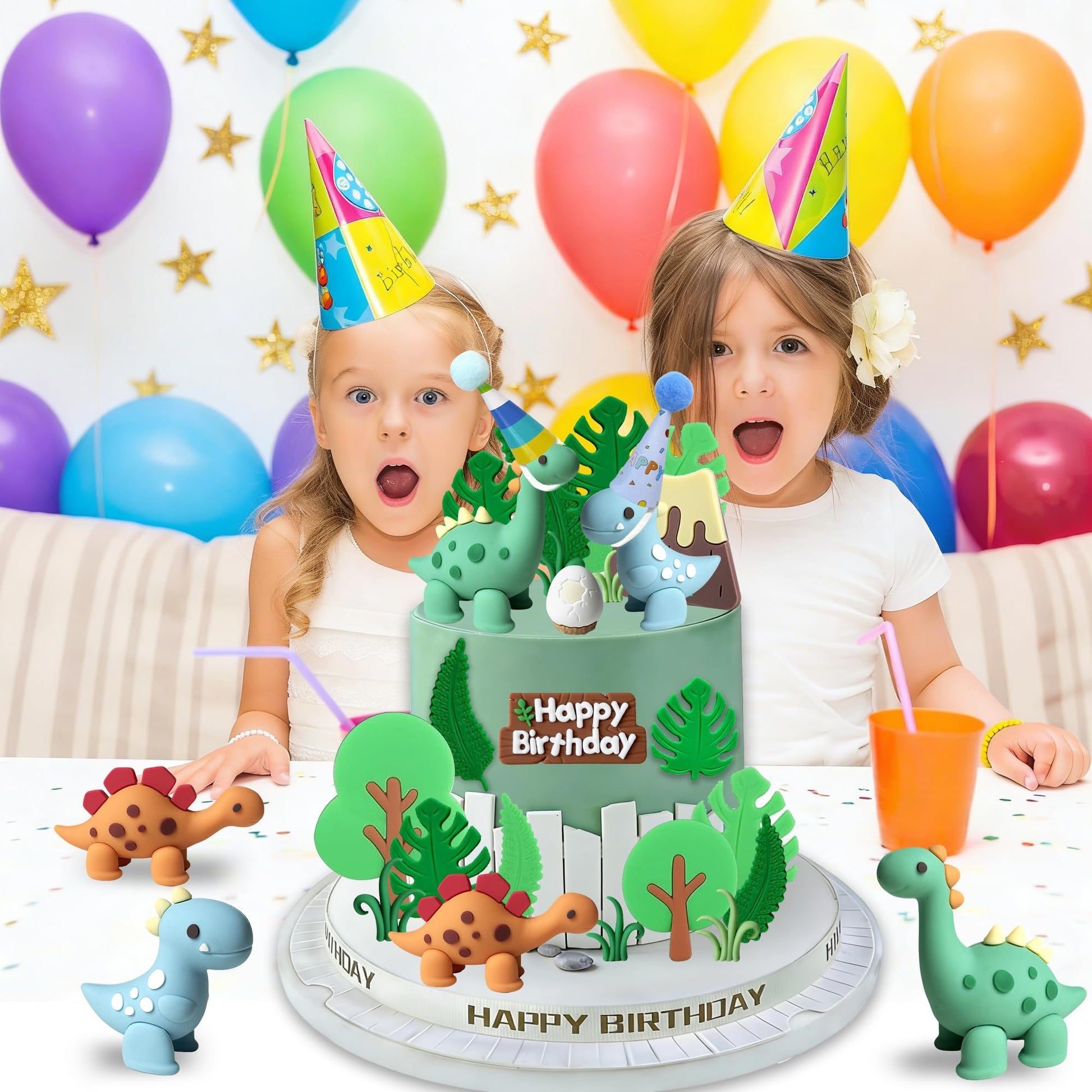 Simpfo 27 PCS Dinosaur Cake Topper Set with Dinosaur Figurines, Eggs, Jungle Leaves - Reusable Cupcake Decorations for Kids Birthday Party, Dino