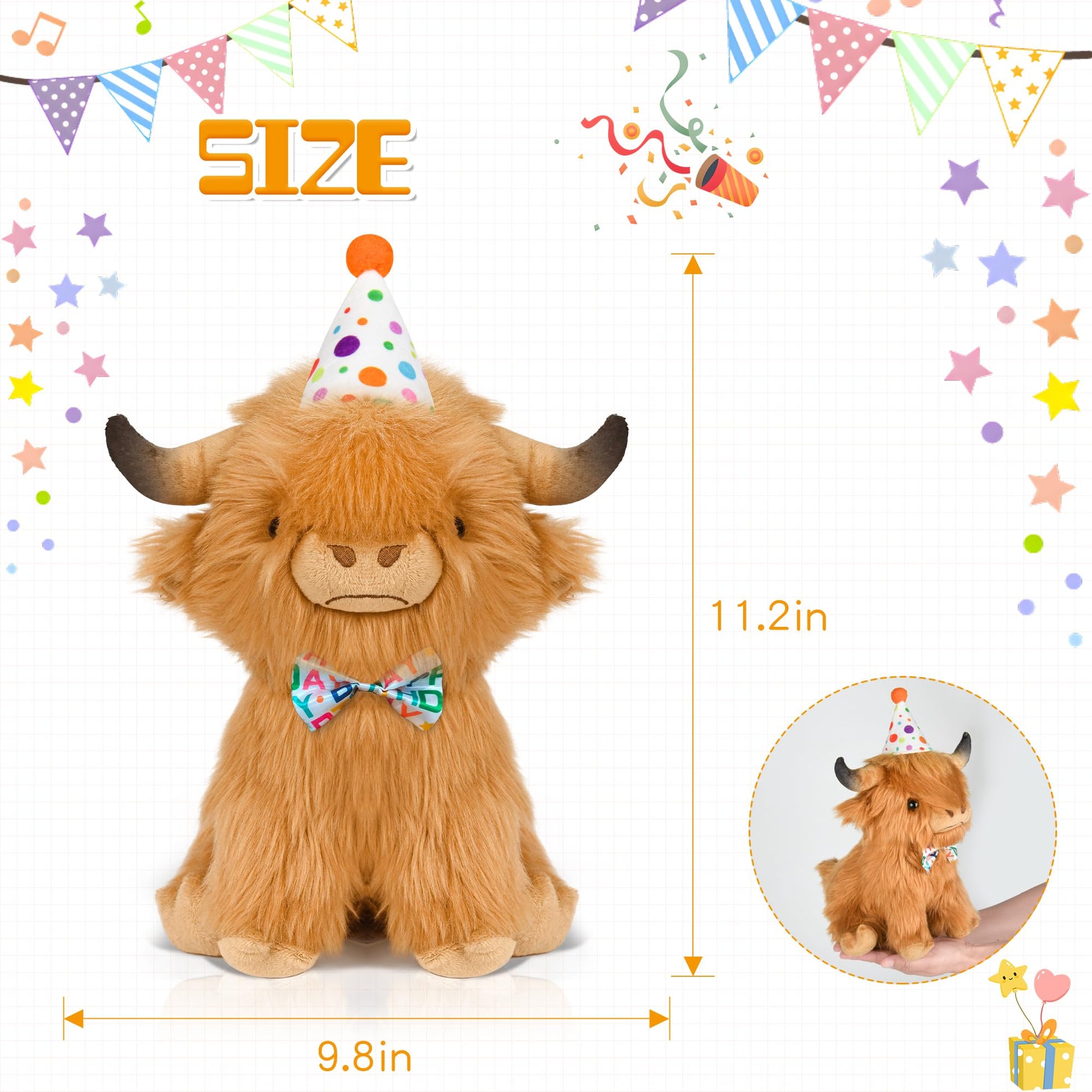 YZXZM Happy Birthday Highland Cow Plush, Birthday Stuffed Animal, Soft Plushie Cute Cow Plush Pillow Gifts for Boys & Girls (9.8 Inch)