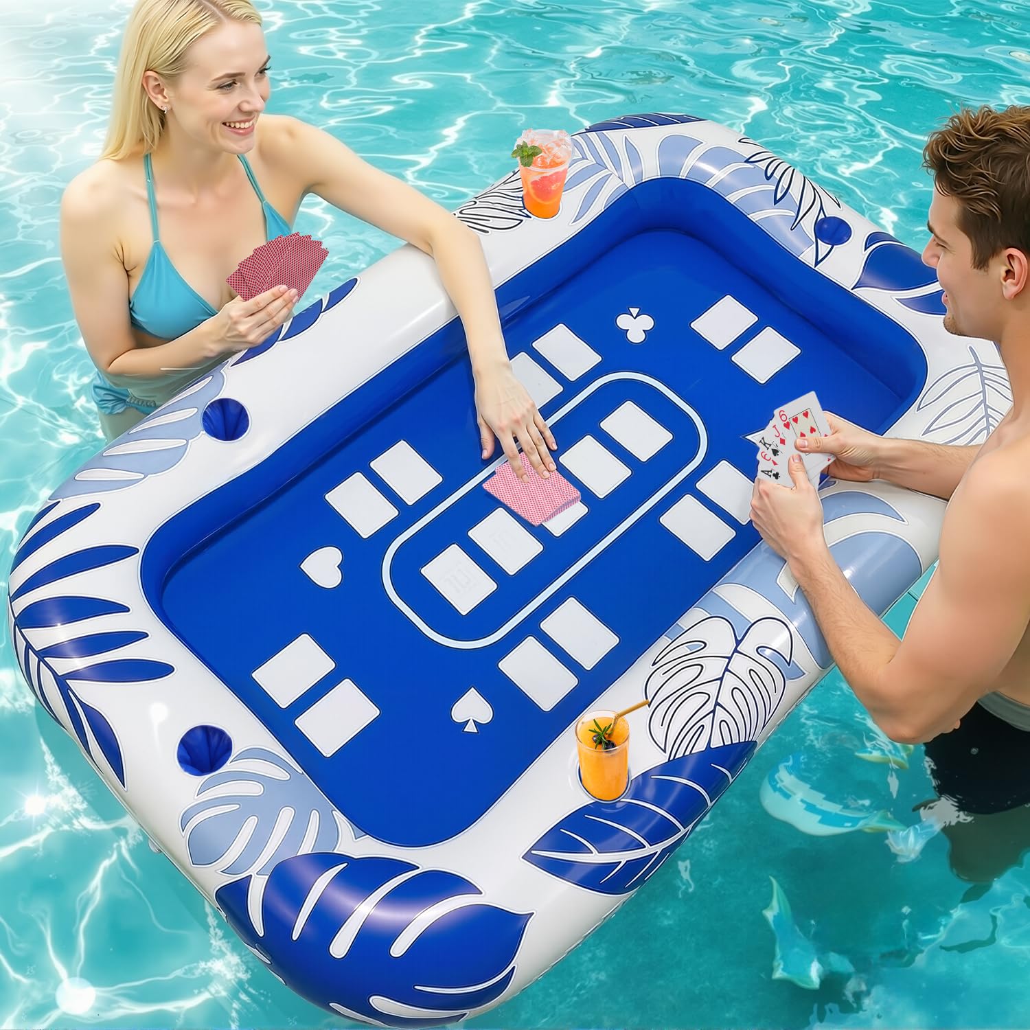56IN Oversize Floating Card Game Table for Pool with Waterproof Cards - Inflatable Floating Card Table for Adults, Snack Drink Tray with Cup Holders