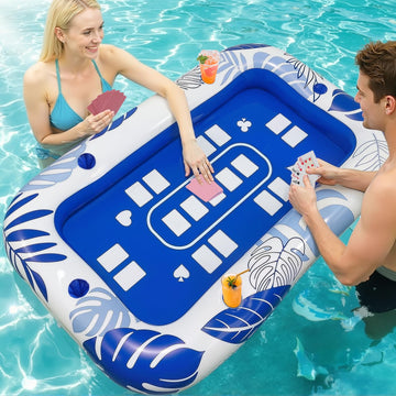 56IN Oversize Floating Card Game Table for Pool with Waterproof Cards - Inflatable Floating Card Table for Adults, Snack Drink Tray with Cup Holders