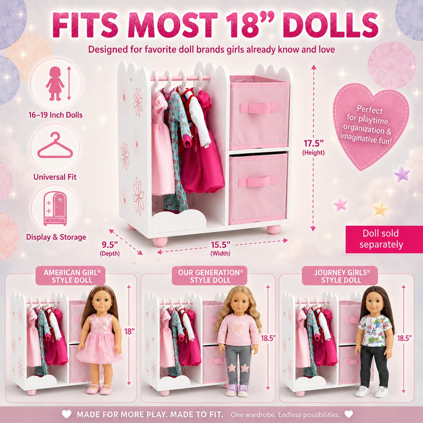 Emily Rose 18 Inch Doll Clothes Storage Wardrobe Closet Organizer - Floral