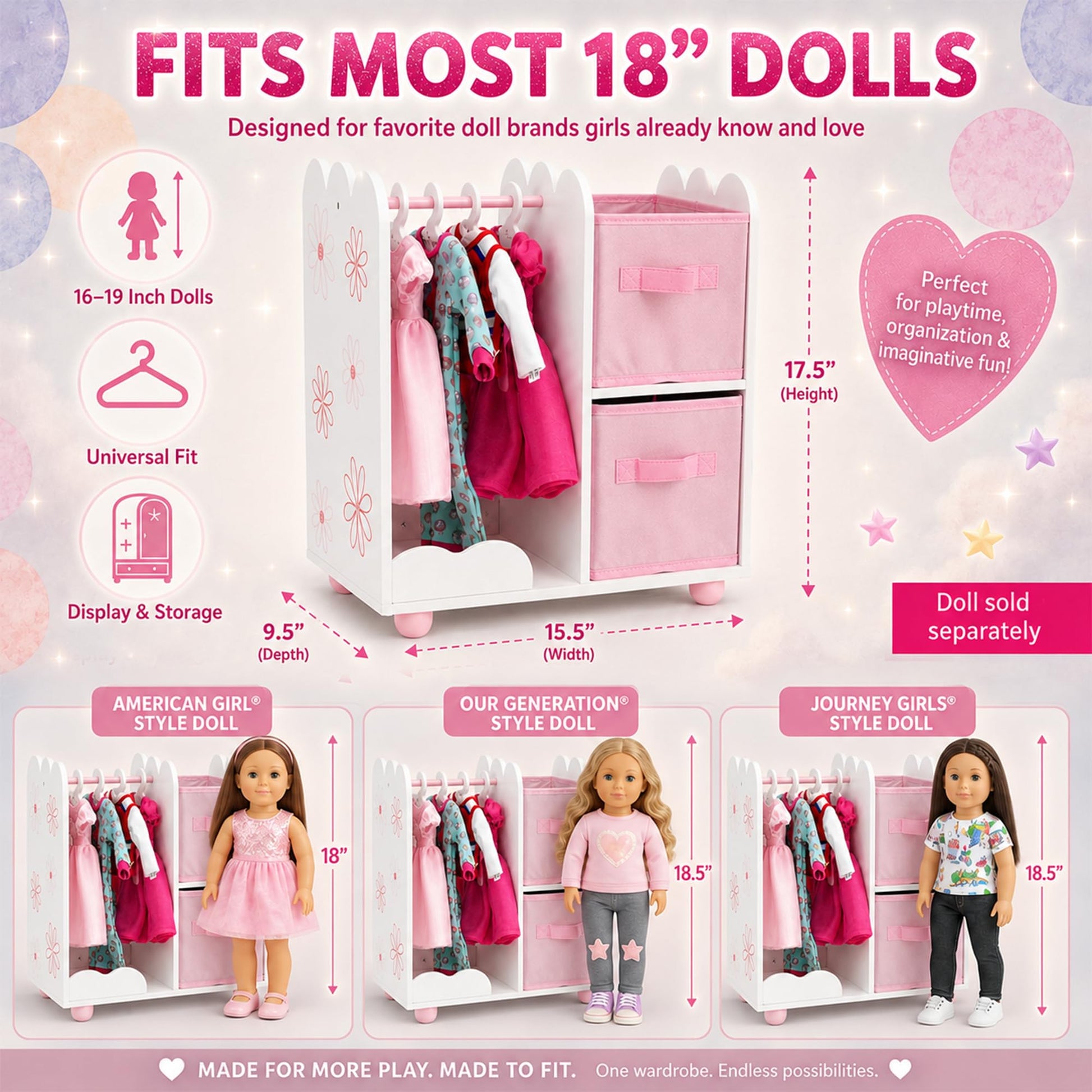 Emily Rose 18 Inch Doll Clothes Storage Wardrobe Closet Organizer - Floral
