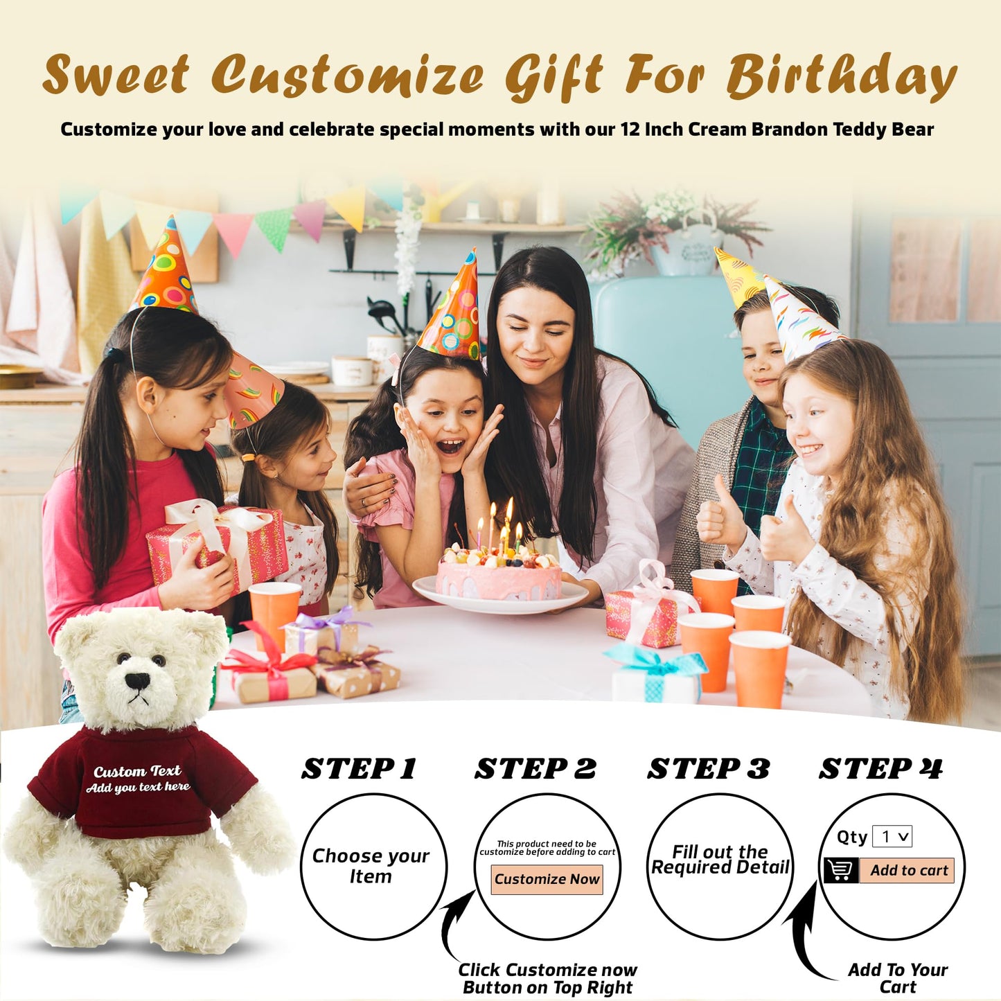 Made By Aliens Personalized 12 Inch Cream Brandon Teddy Bear - Stuffed Animal Personalized Teddy Bears - Custom Teddy Bear Great Present for Valentine