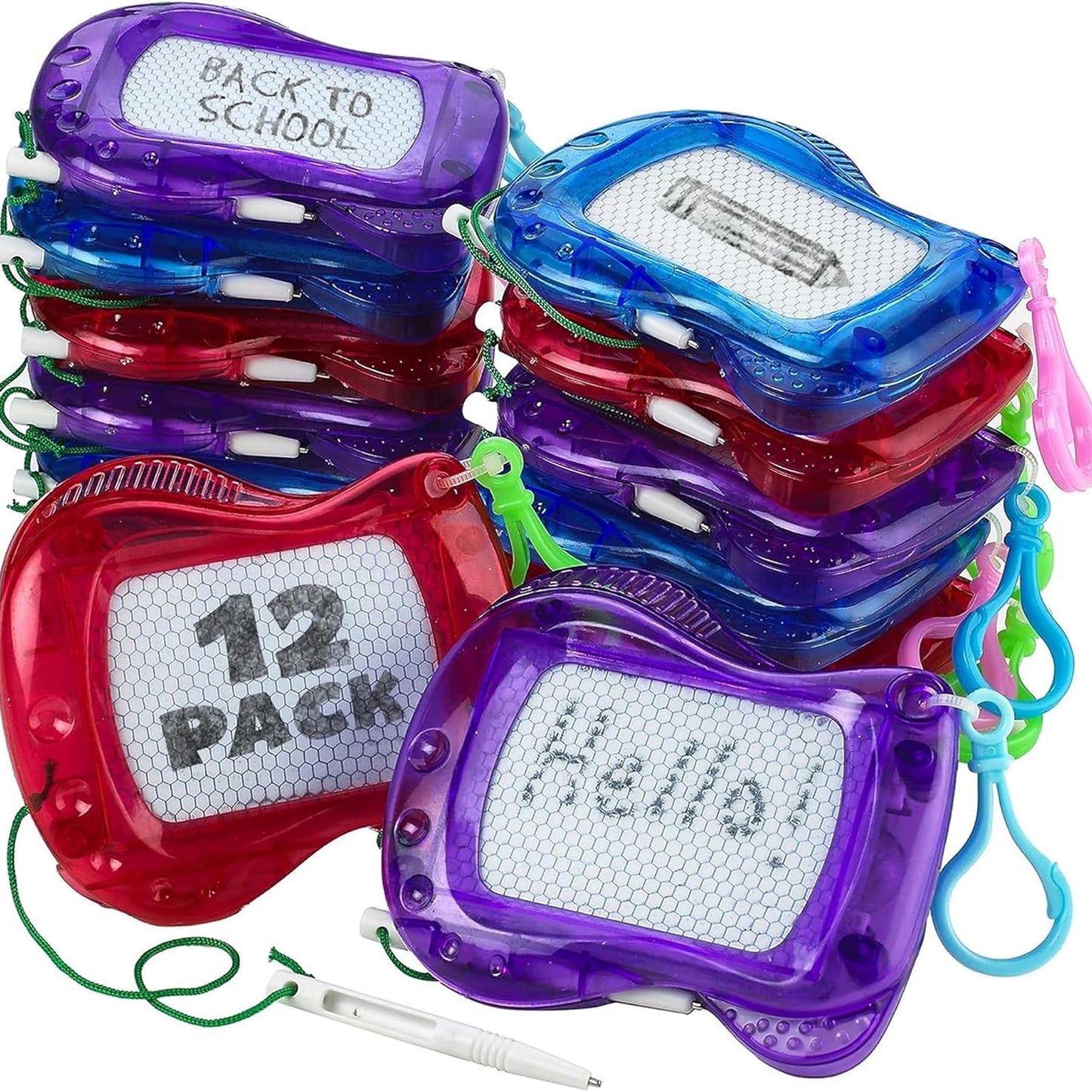 Bedwina Mini Magnetic Drawing Board for Kids - (Pack of 12) Backpack Keychain Clip Drawing Boards, Erasable Doodle Sketch Writing Pad Boys & Girls