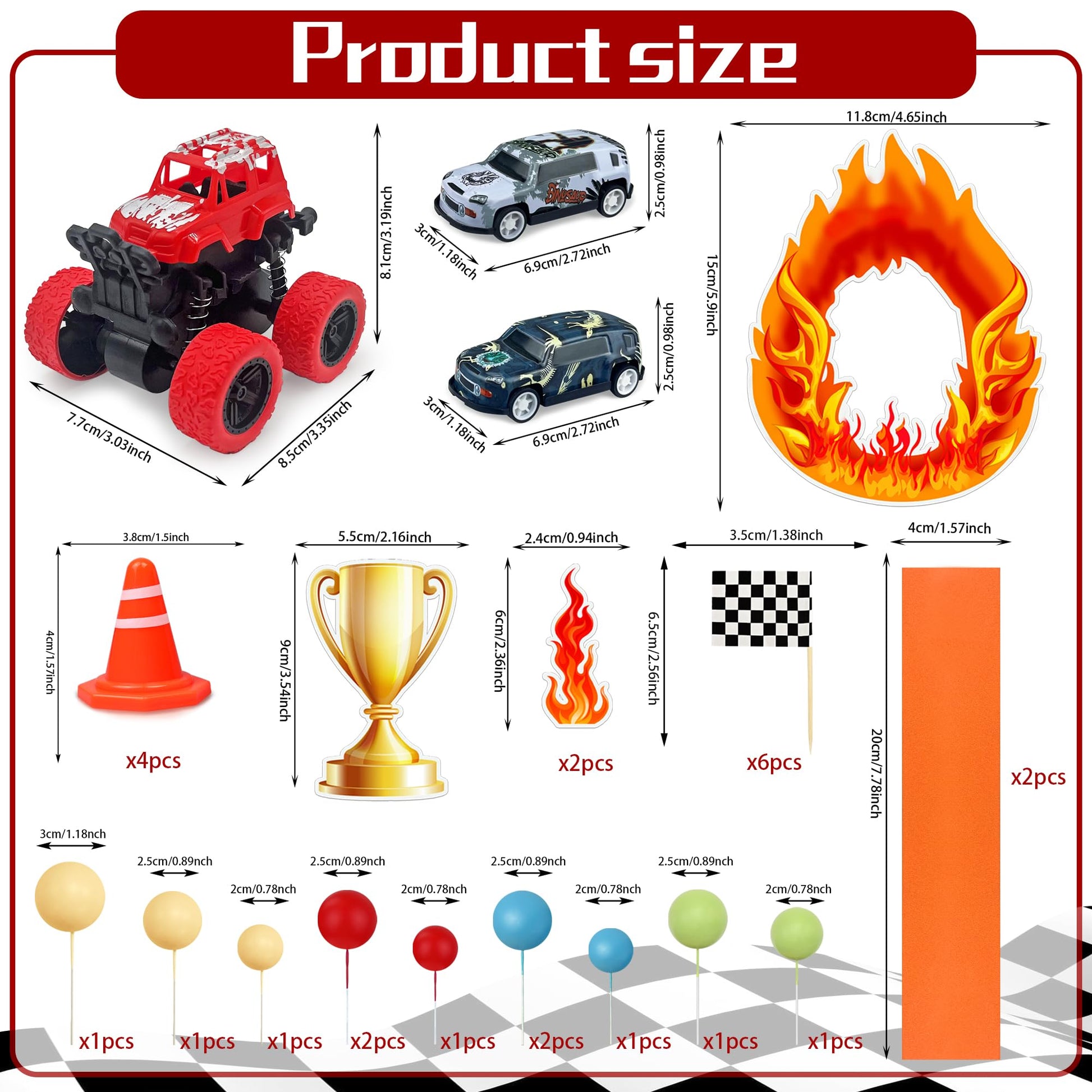 30PCS Truck Cake Decorations Truck Cake Toppers Red Blue Yellow Green Balls Race Car Cake Toppers for Truck Themed Racing Car Party Decorations