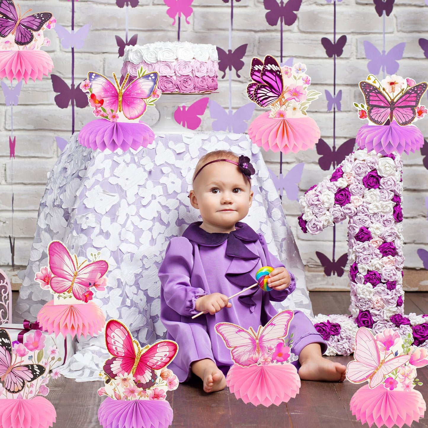9 Pcs Butterfly Honeycomb Centerpieces, 3D Pink and Purple Butterfly Table Decorations with Floral Designs for Girls Birthday Parties, Baby Showers