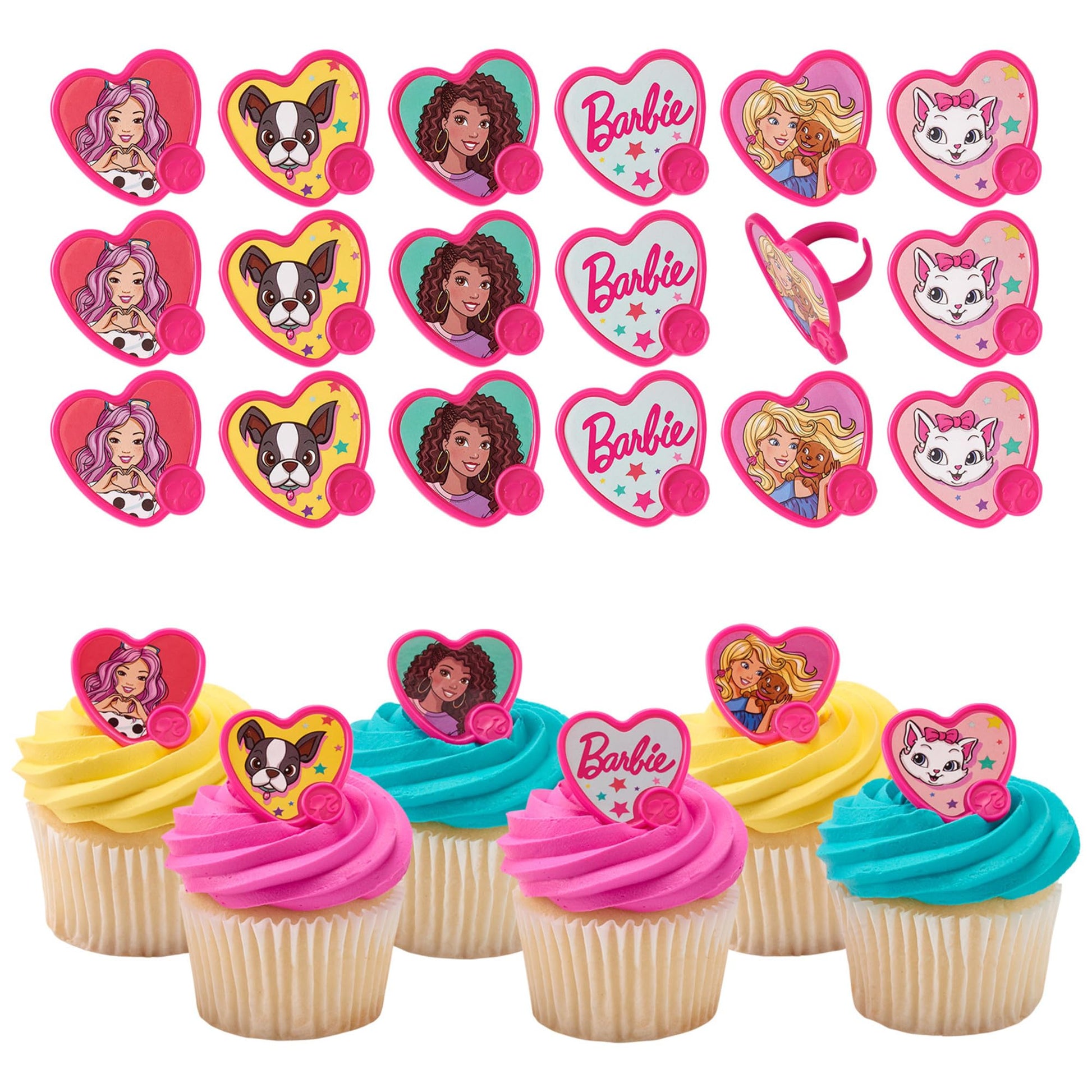 DecoPac Barbie Be The Future Rings, Pink Heart Shaped Cupcake Decorations Featuring Barbie and her Friends For Birthday Party And Celebrations - 24