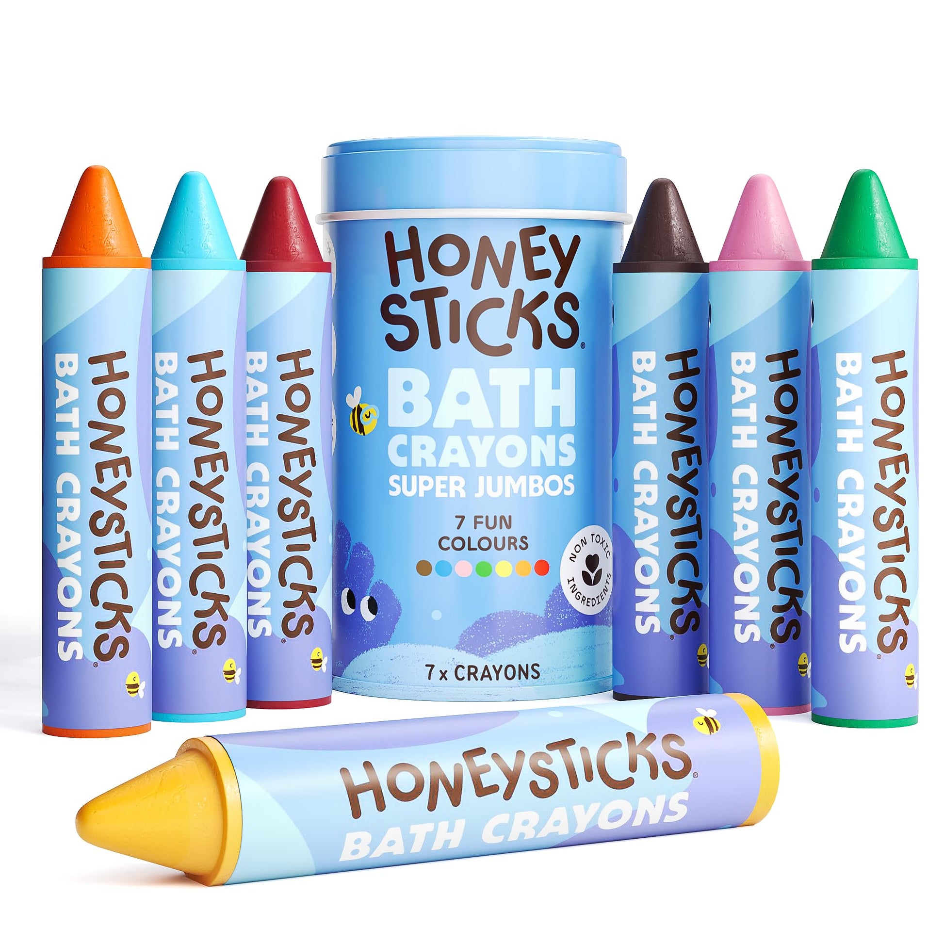 Honeysticks Super Jumbo Bath Crayons Non Toxic (7 Pack) for Toddlers 1-3 and Kids 4-8, Natural Beeswax Crayons, Food-Grade Colors, Fragrance Free, Non