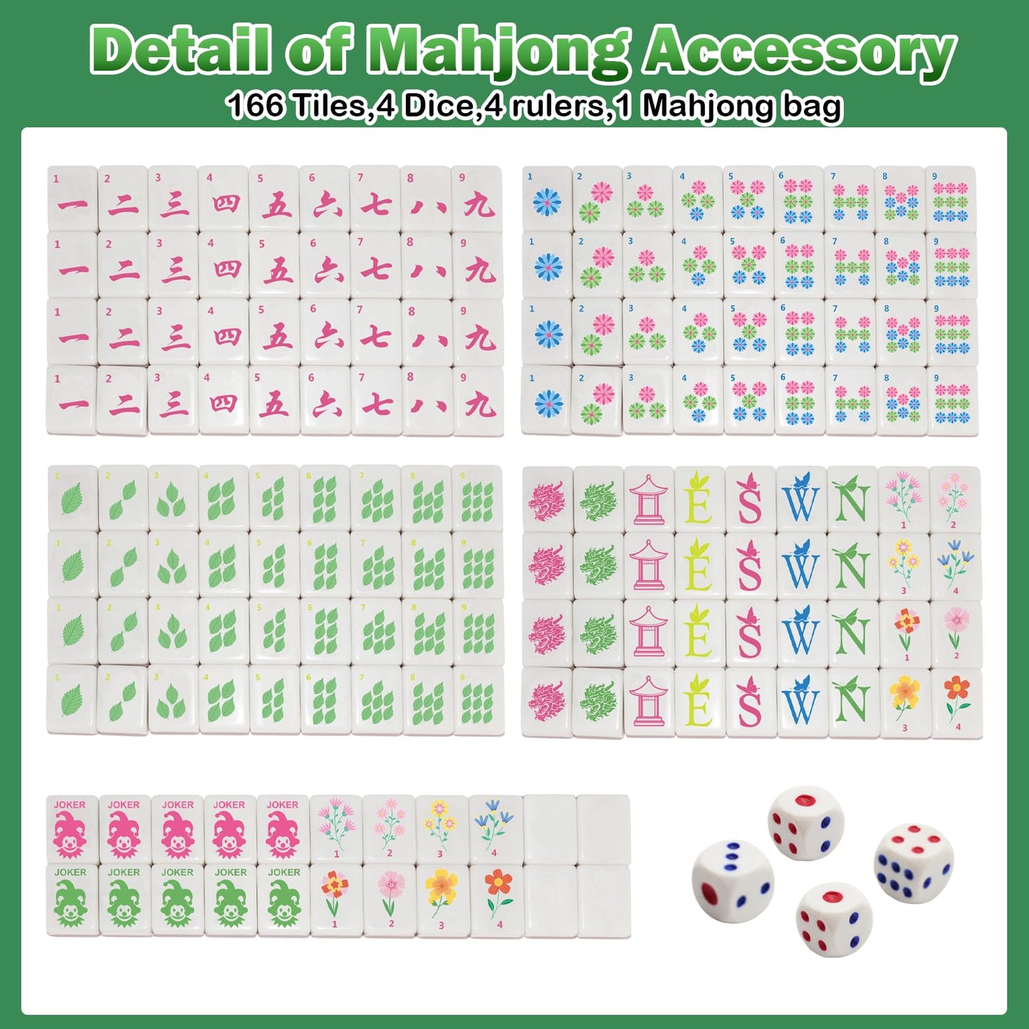 Mini Mahjong Set, American Mahjong Game Set Include 166 Premium Tiles (1.2’’), 1 Bag, 100 Chips, 4 Tile Rulers, 4 Dice, 5 Instruction Manuals