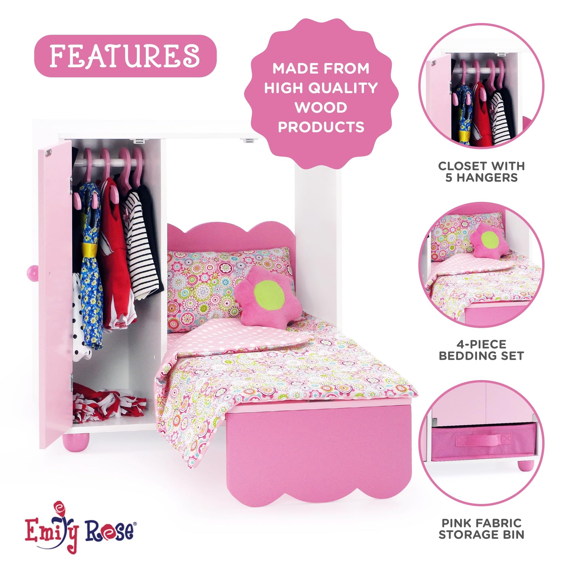 Emily Rose 18" Doll Furniture Murphy Bed & Closet Set w/Hangers & Storage
