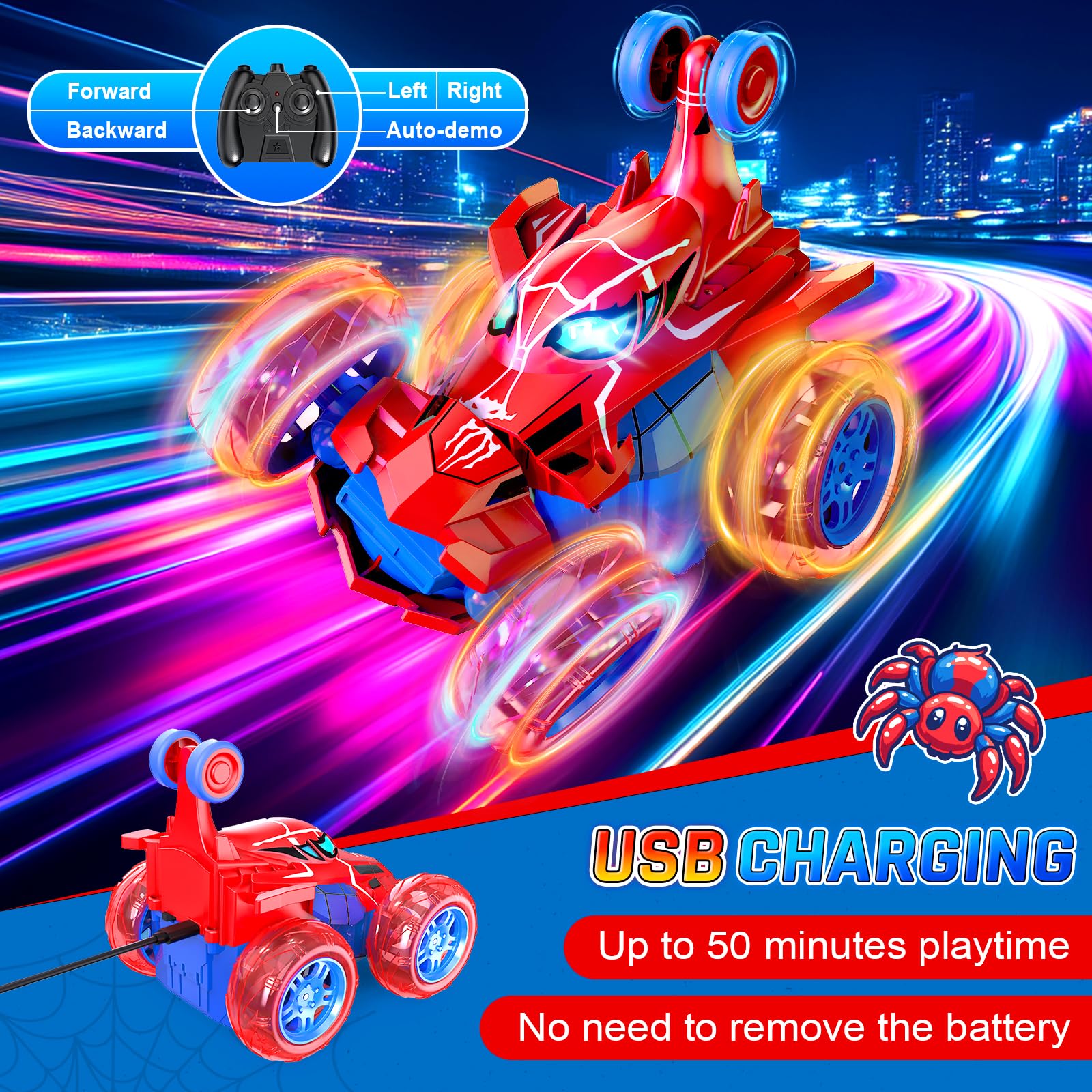Innofans Remote Control Car for Boys, 360° Rotating 4WD Stunt Spider RC Cars with Cool LED Lights, Rechargeable Car Toys Birthday Gifts for Kids Boys