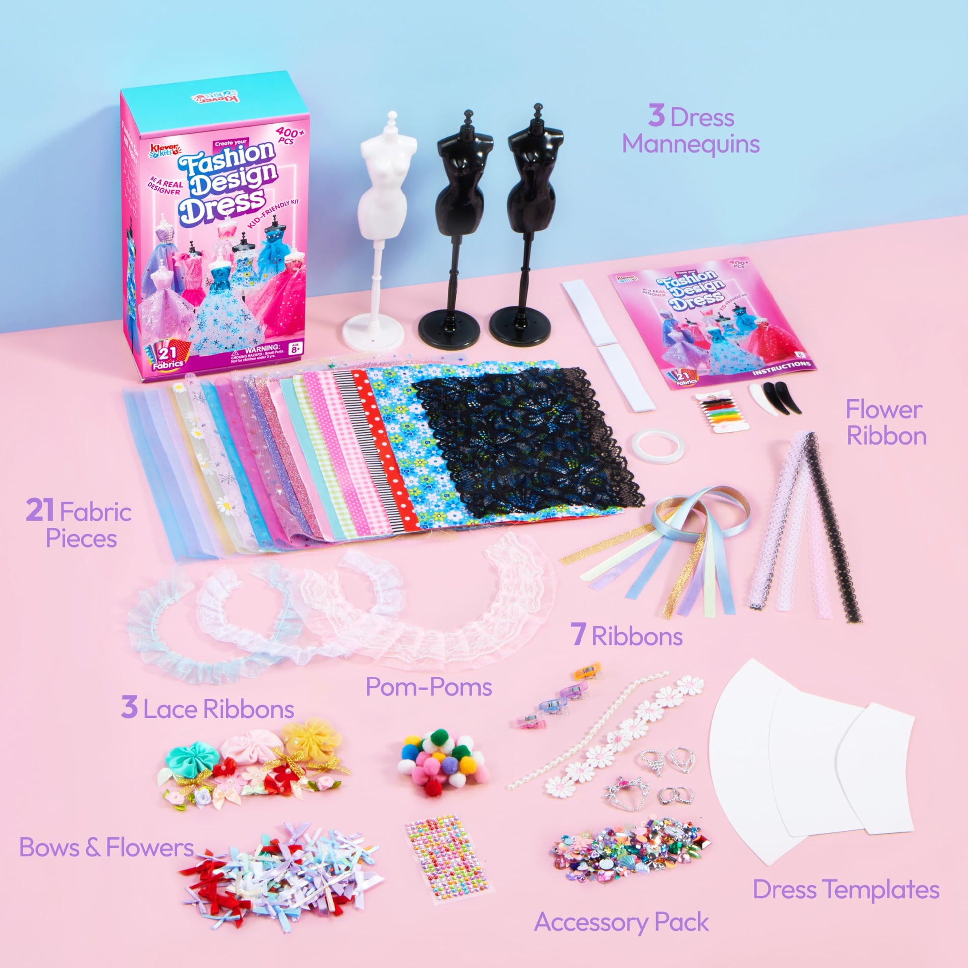 Klever Kits 400+PCS Fashion Design Crafts for Kids, Art and Crafts, DIY Sewing Kits with 3 Mannequins for Girls Aged 8-12, Birthday Presents, Toys