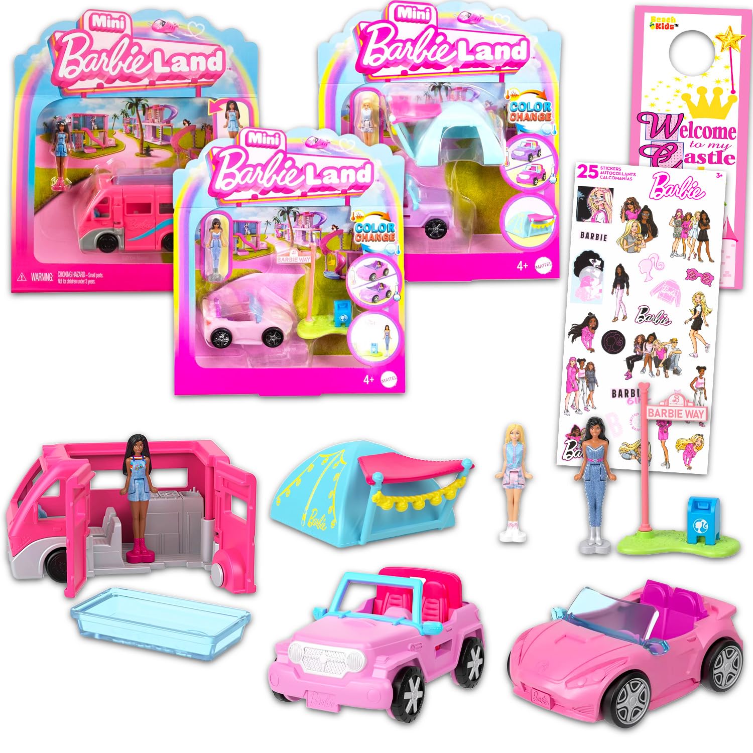 Barbie Mini Barbieland Doll and Vehicle Playset - Bundle with 3 Barbieland RV, Car, and Jeep Vehicles Plus Stickers, More | Barbie Party Favors