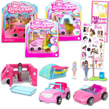 Barbie Mini Barbieland Doll and Vehicle Playset - Bundle with 3 Barbieland RV, Car, and Jeep Vehicles Plus Stickers, More | Barbie Party Favors