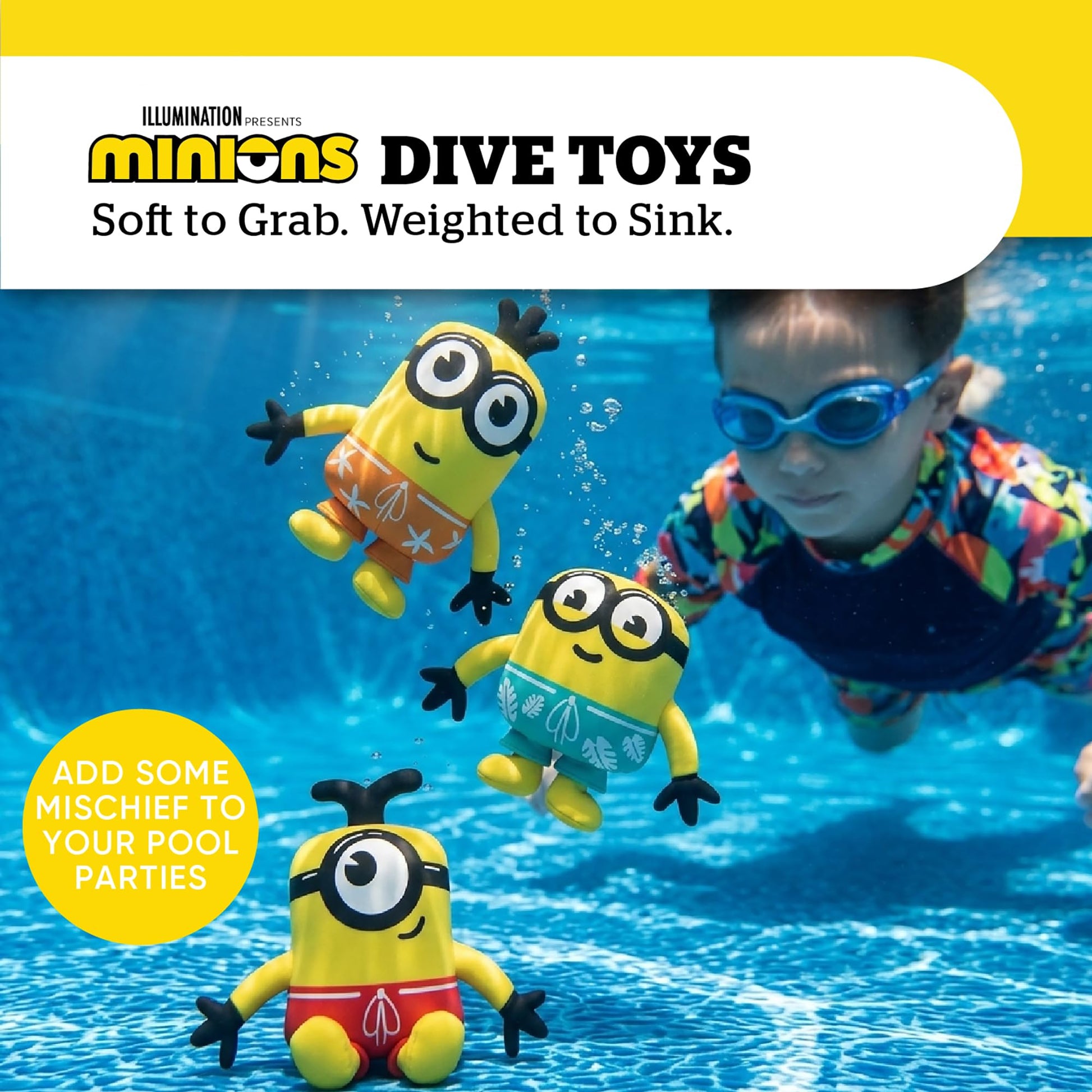 BigMouth Inc Minions Dive Toys for Pool - 3 Pack Kids Underwater Swimming Toy Set, Soft Neoprene Dive Sticks for Swim Practice, Pool Games & Summer
