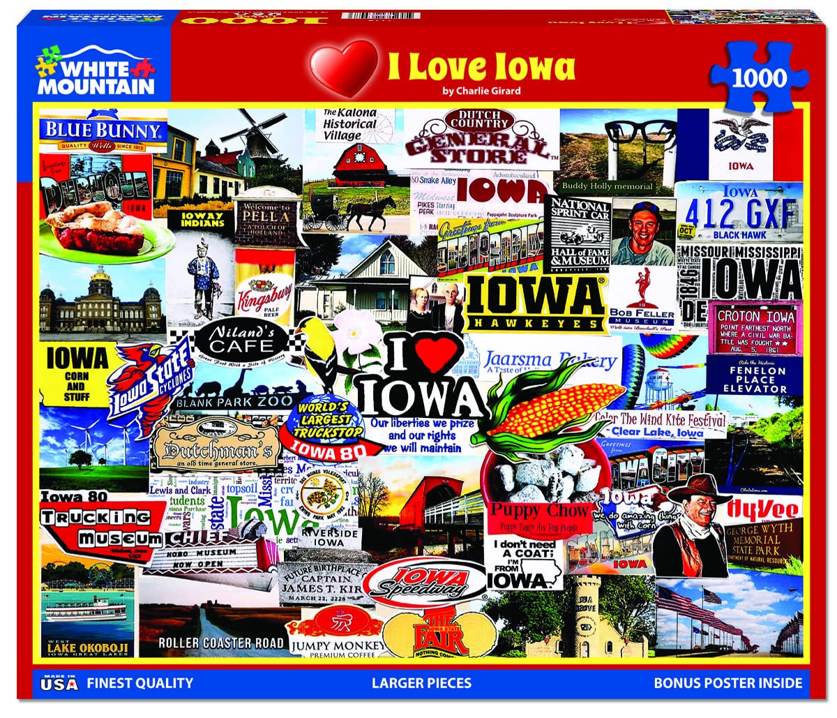 White Mountain 1000 Piece Jigsaw Puzzle Hawkeye State Collage, I Love Iowa