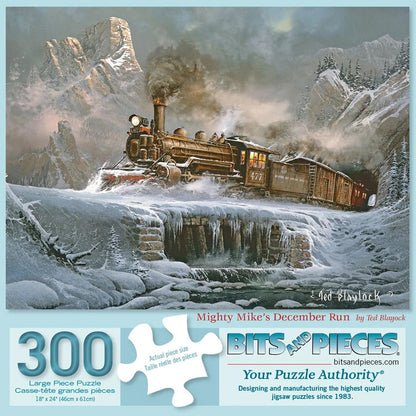 Bits and Pieces 300 Piece Puzzles for Adults Mighty Mike's December Run 300 Large Pieces 18" x 24" Jigsaw Puzzles, Steam Train Locomotive Winter