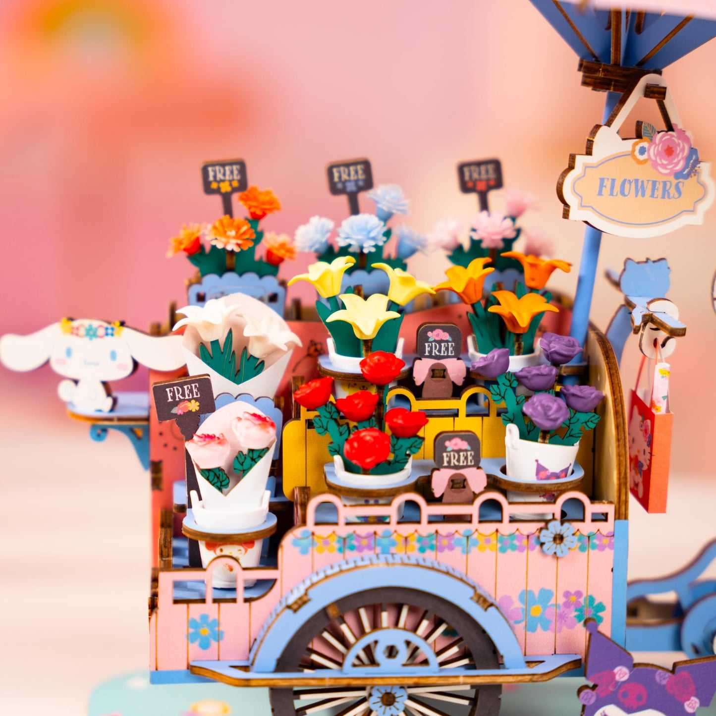 Hands Craft Hello Kitty And Friends Flower Cart 3D Wooden Puzzle Kit | DIY Floral Model | Arts & Crafts for Adults & Kids | Creative Hobby Kits |