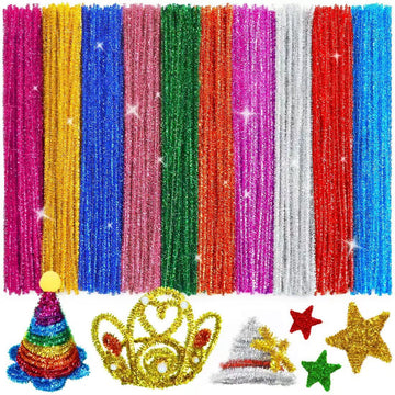 Bundooraking Glitter Pipe Cleaners for Crafts - 12in Bright Chenille Stems in 10 Colors, Art and Craft Supplies for DIY Projects, Decorations,