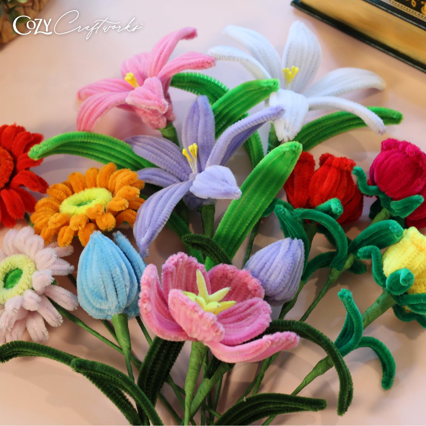 WeVeel Cozy Craftworks Chenille Stem Flower Craft Kit for Adults - CC 4 Flowers Bundle - Relaxing DIY Arts & Crafts Kit with All Supplies