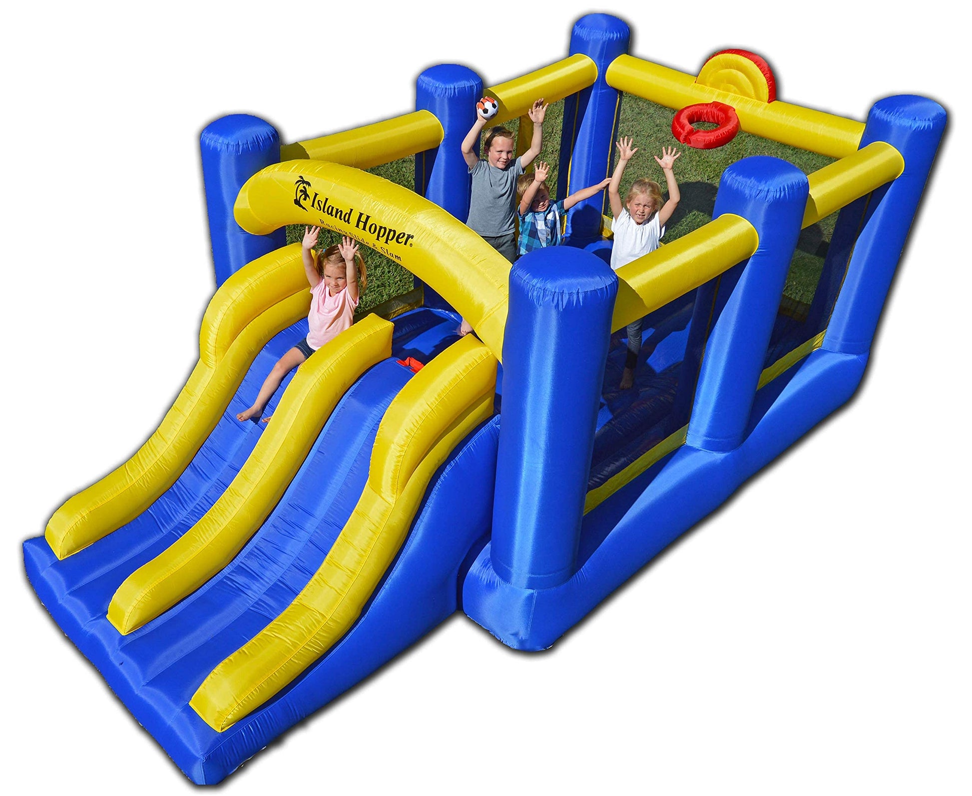 Island Hopper Racing Slide and Slam Inflatable Bounce House - Dual Slides, Climbing Wall & Basketball Hoop for Fun - Jumper with Durable PVC Build