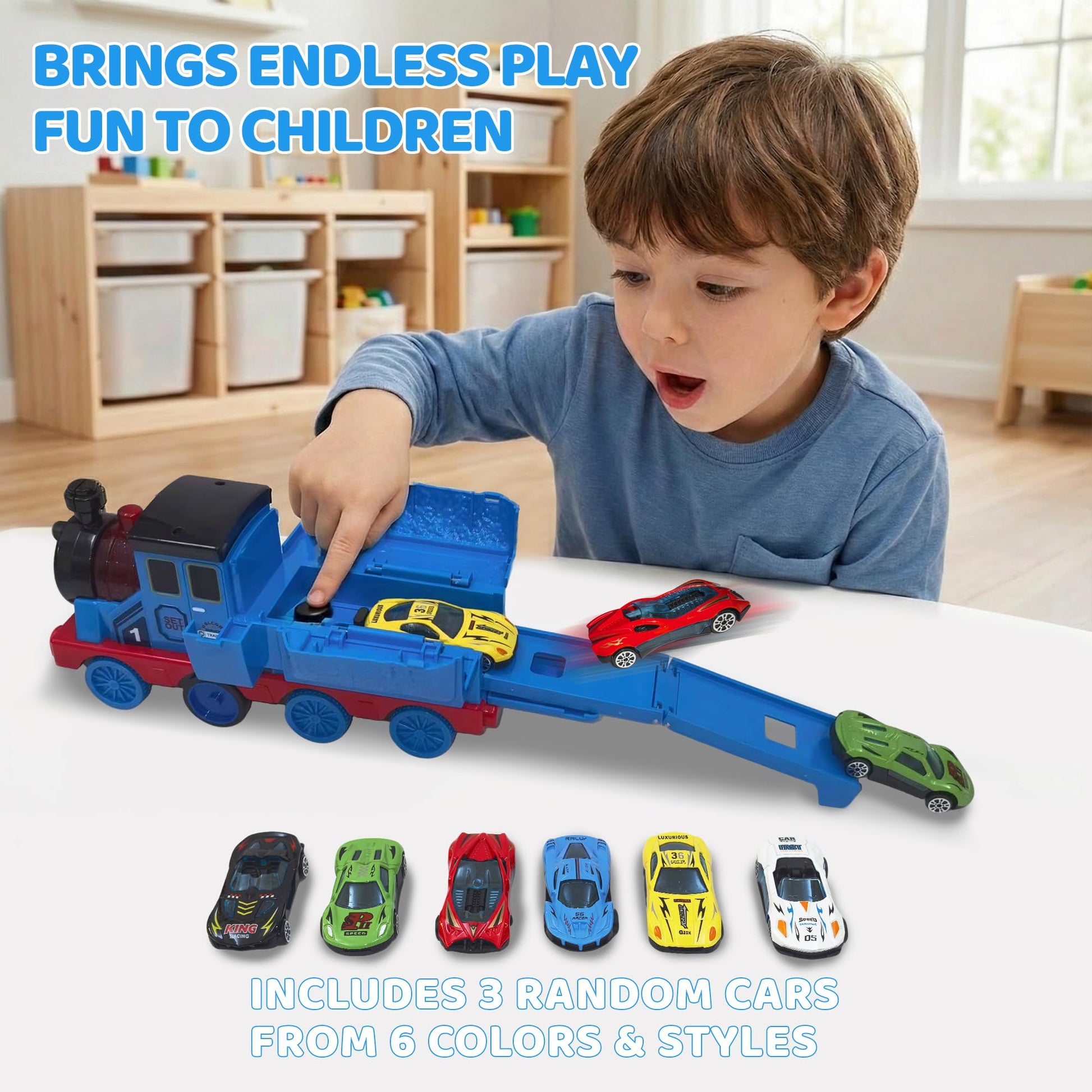 Transforming Engine Train Set for Kids & Toy Car Catapult, Back Folds Out to Secret Garage for Mini Cars, Shoot and Race Fun, Preschool Festival Train