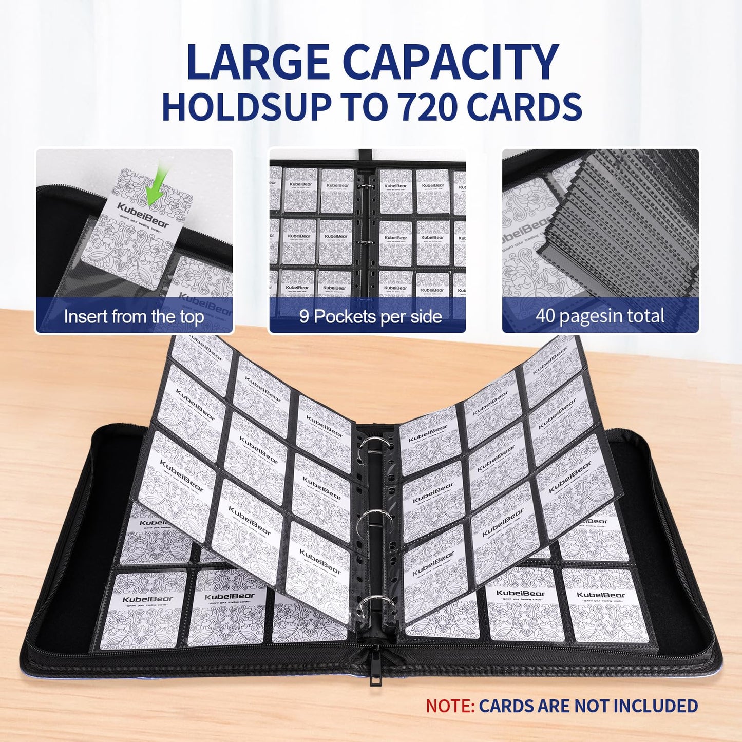 Card Binder - 720 Capacity, Zippered Trading Card Holder for MTG, Sports & Collectible Cards - Acid-Free, Durable & Travel-Friendly Storage (Black, 9