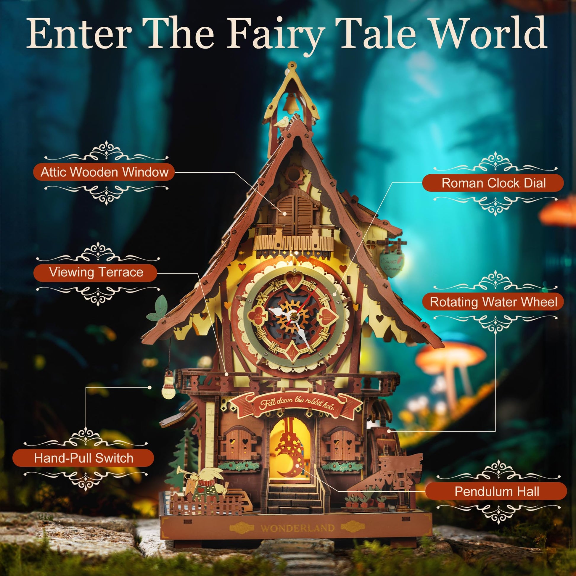 ROBOTIME 3D Wooden Puzzles for Adults-Cuckoo Clock Wooden Models for Adults to Build-435 Piece Model Kit with 2 Lights-Gift for Craft Enthusiast Model