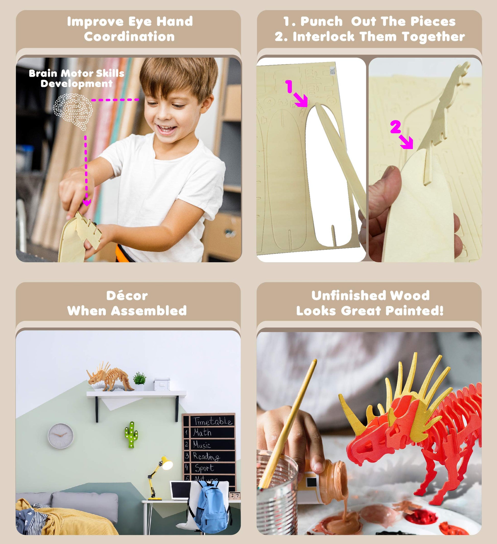 Puzzled 3D Puzzle Styracosaurus Dinosaur Wood Craft Construction Model Kit Educational DIY Wooden Dino Toy Assemble Model Unfinished Crafting Hobby