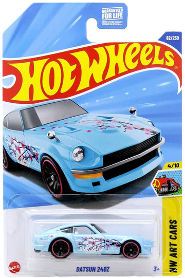 Hot Wheels Datsun 240Z Diecast Car 62/250, HW Art Cars Series, Light Blue with Cherry Blossom Design, 4/10