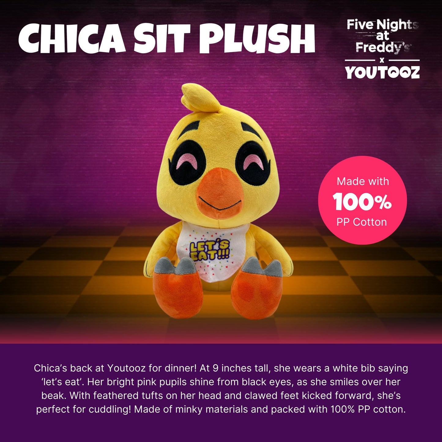 Youtooz FNAF Chica Sitting 9" Inch Plushie, Collectible Chica Sitting from Five Nights at Freddy's FNAF Plush Collection