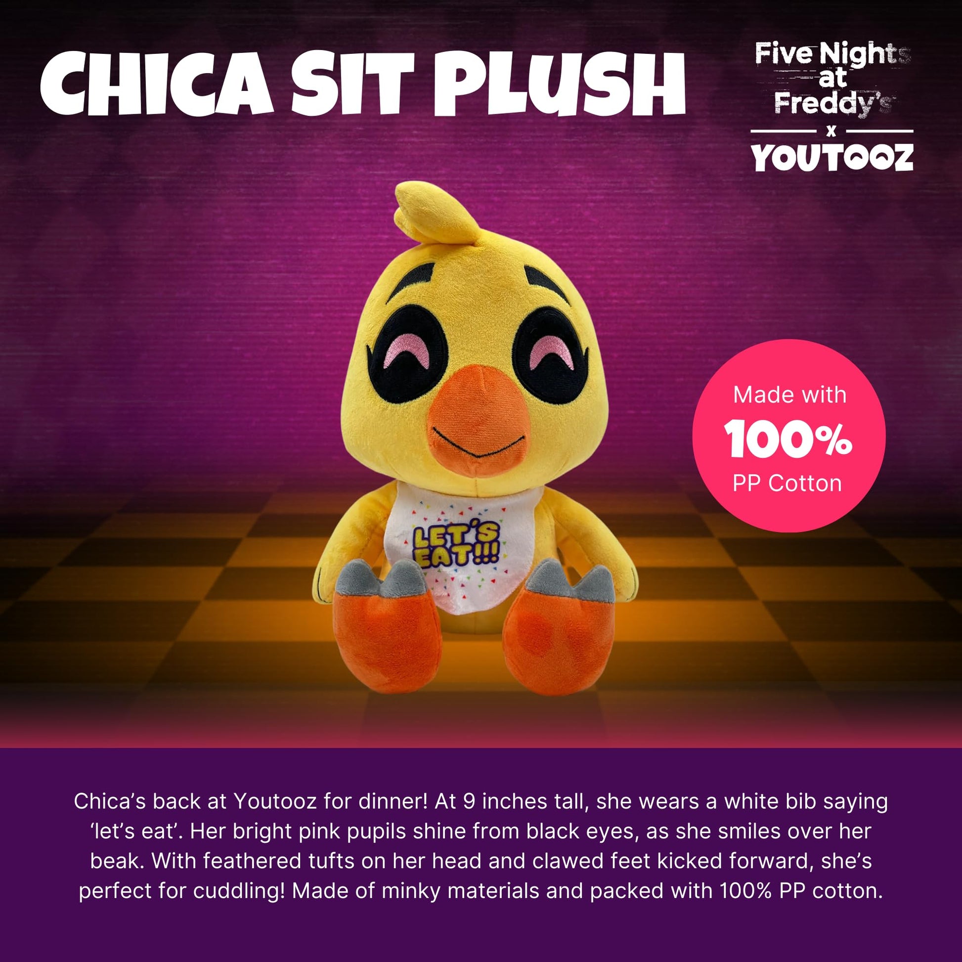 Youtooz FNAF Chica Sitting 9" Inch Plushie, Collectible Chica Sitting from Five Nights at Freddy's FNAF Plush Collection