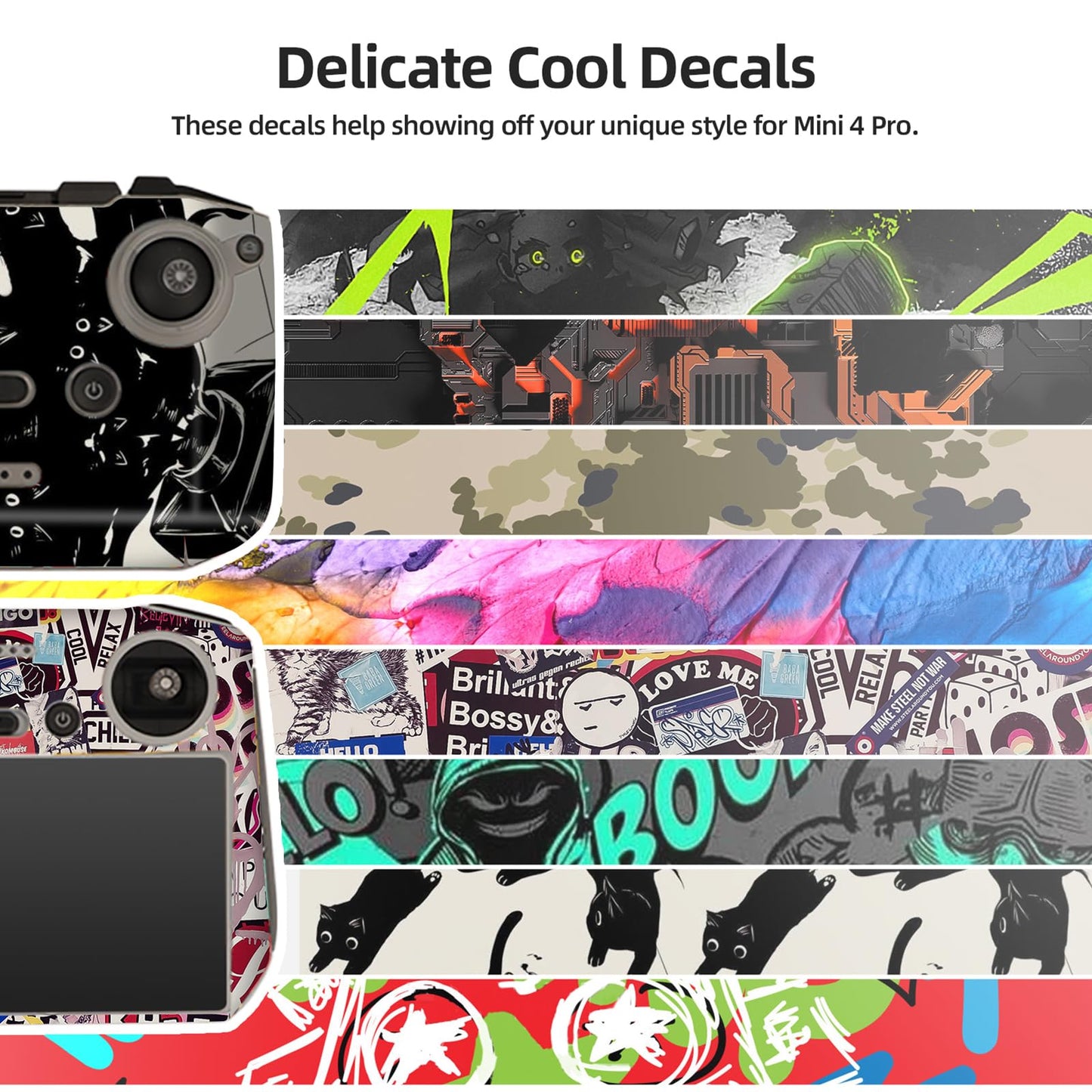 CAPART Removable sticker Skin for DJI Mini 4 Pro and DJI RC 2 Controller, Decorative Stickers Bubble Free (Black&Green)