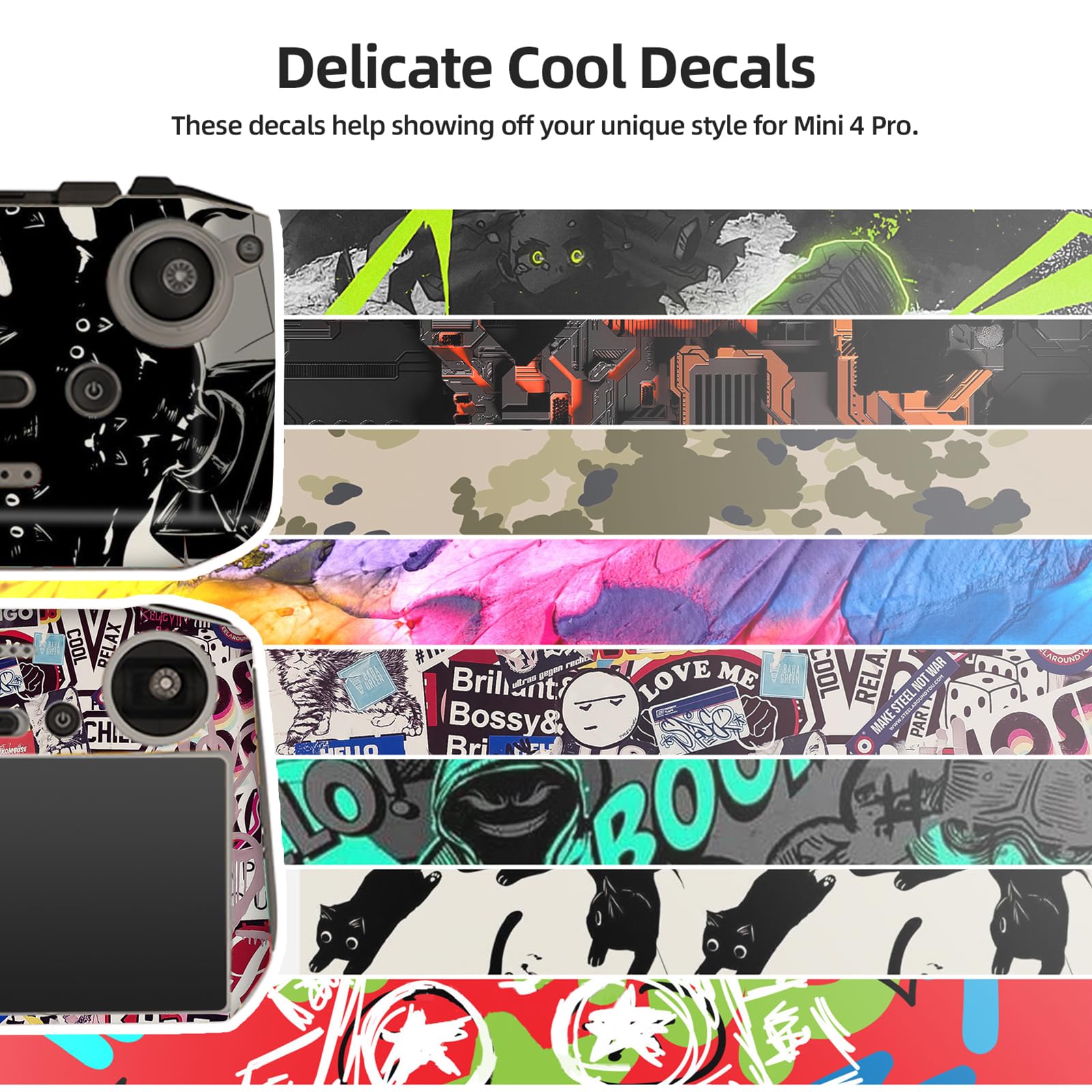 CAPART Removable sticker Skin for DJI Mini 4 Pro and DJI RC 2 Controller, Decorative Stickers Bubble Free (Black&Green)