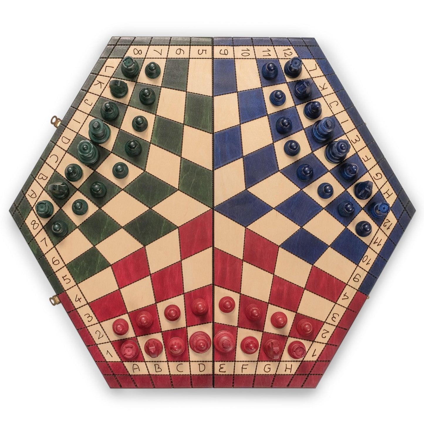 Husaria Wooden Three-Player Chess Set - 21" Foldable Hexagonal Board with Hand-Carved Tri-Color Pieces & Felt Storage - Made in Poland