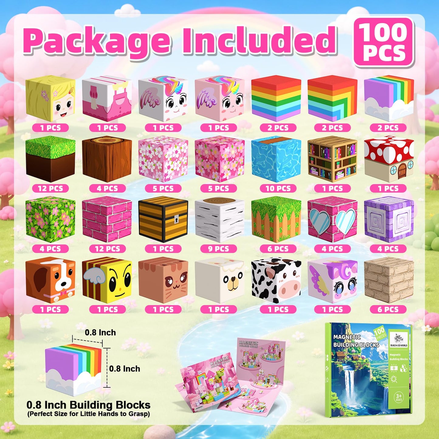 100PCS Magnetic Blocks, Magnetic Building Cube Set for Kids Ages 3+, Constructions STEM Stacking Tiles Toy Building Birthday Gifts for Girls