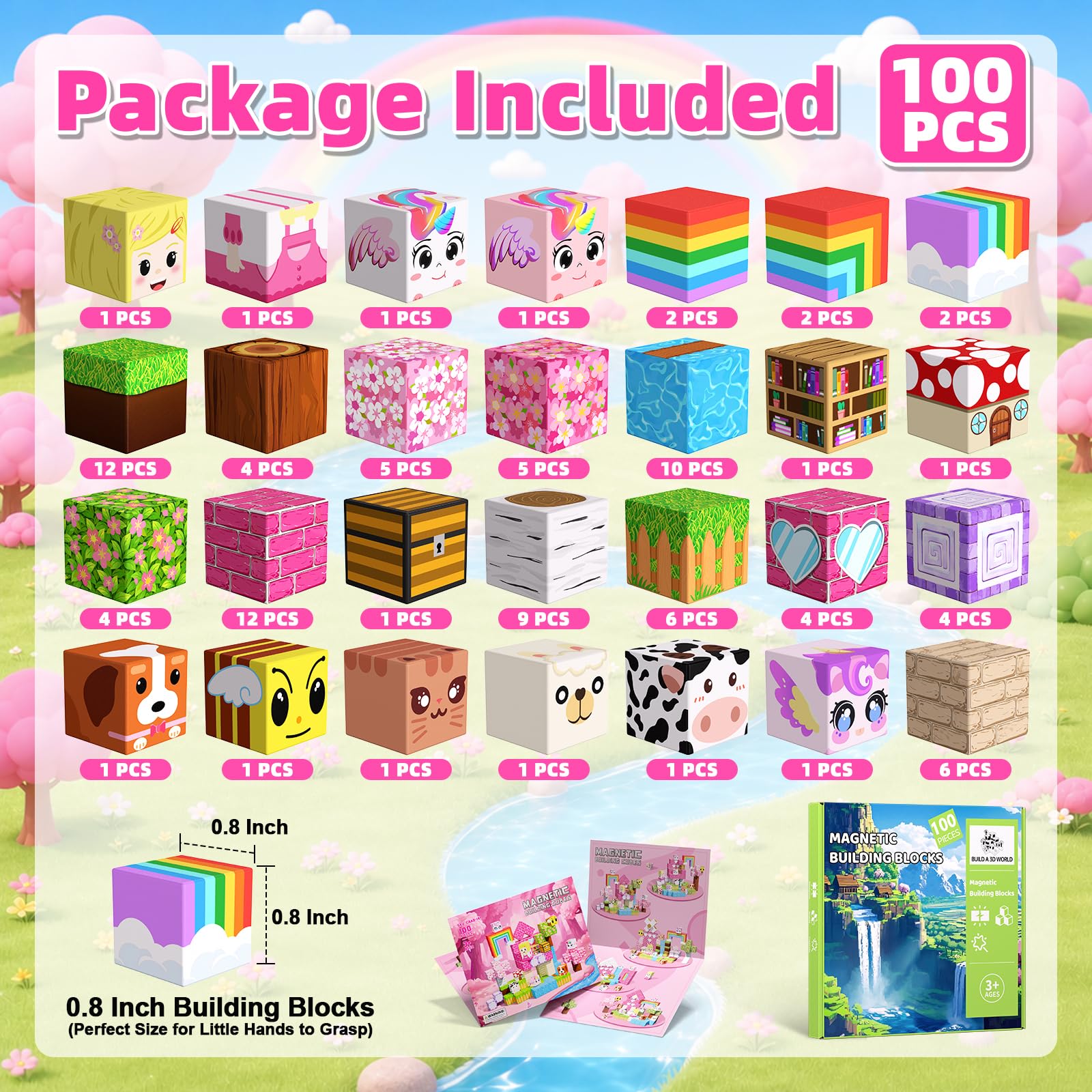 100PCS Magnetic Blocks, Magnetic Building Cube Set for Kids Ages 3+, Constructions STEM Stacking Tiles Toy Building Birthday Gifts for Girls