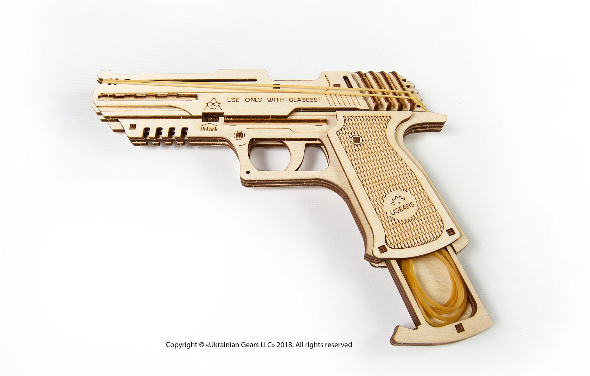 UGEARS Wolf-01 Handgun 3D Wooden Puzzles for Adults - Wooden Model Kits for Adults Rubber Space Band Handguns Mechanical Handgun Models Wood Puzzle