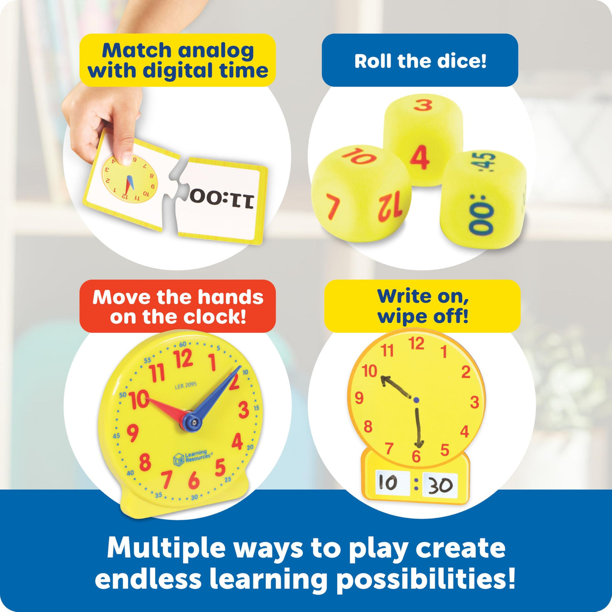 Learning Resources Time Activity Set - Kids Learning Clock, Classroom Clocks for Students, Telling Time Teaching Clock, Analog Clocks for Kids