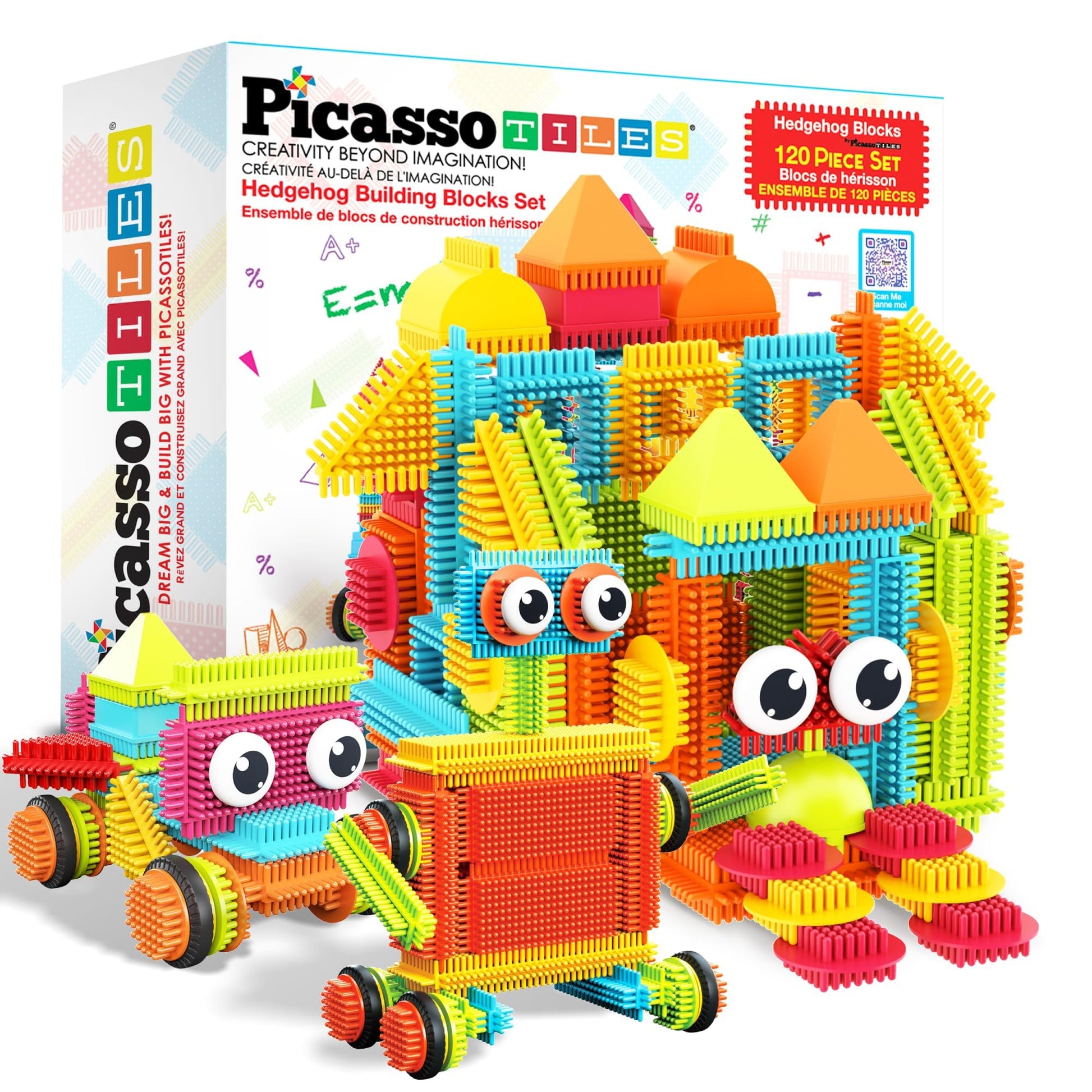 PicassoTiles 120pcs Hedgehog Interlocking Building Blocks Tiles Construction Toy Set Learning Playset STEAM Development Preschool Kindergarten Toy