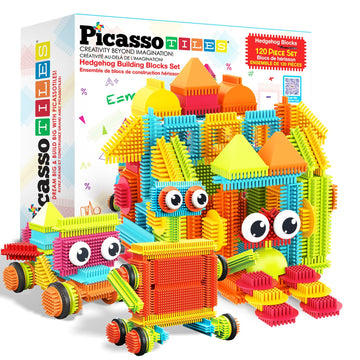 PicassoTiles 120pcs Hedgehog Interlocking Building Blocks Tiles Construction Toy Set Learning Playset STEAM Development Preschool Kindergarten Toy