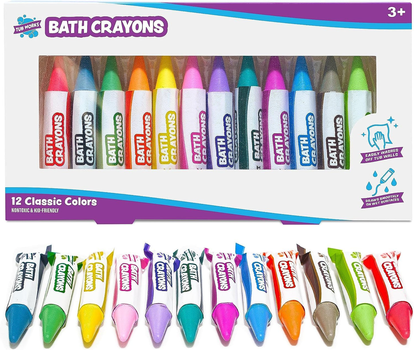 Tub Works® Smooth™ Bath Crayons Bath Toy, 12 Pack | Nontoxic, Washable Bath Crayons for Toddlers & Kids | Unique Formula Draws Smoothly & Vividly on