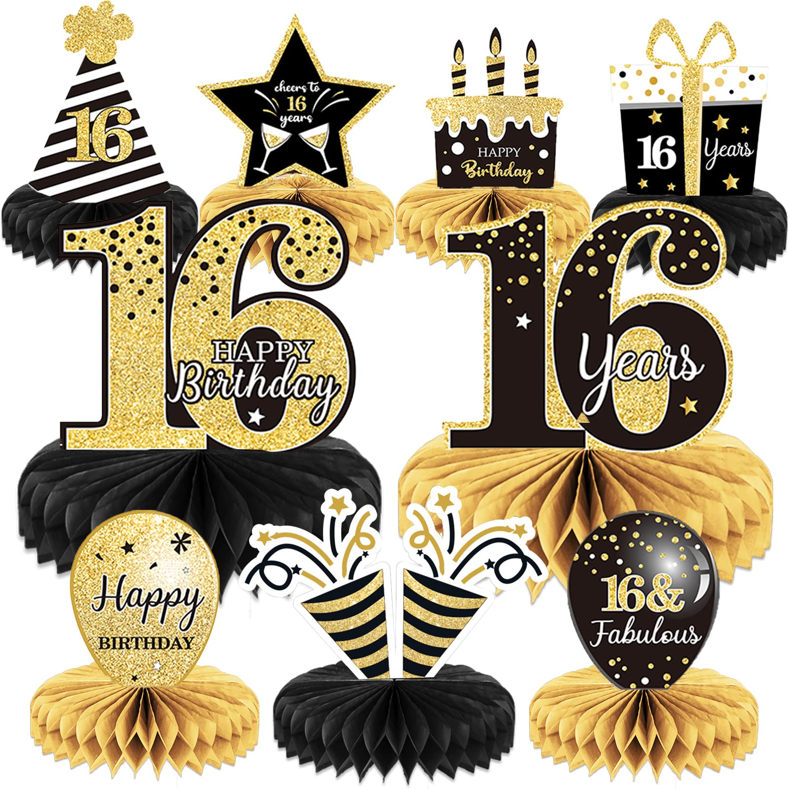 9 Pieces 16th Birthday Decoration for Boys Black Gold 16th Birthday Tables Decor Honeycomb Centerpieces Cheers to 16 Years Table Topper for Boys Girls