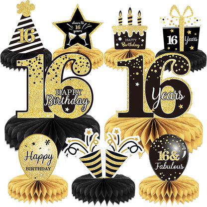9 Pieces 16th Birthday Decoration for Boys Black Gold 16th Birthday Tables Decor Honeycomb Centerpieces Cheers to 16 Years Table Topper for Boys Girls