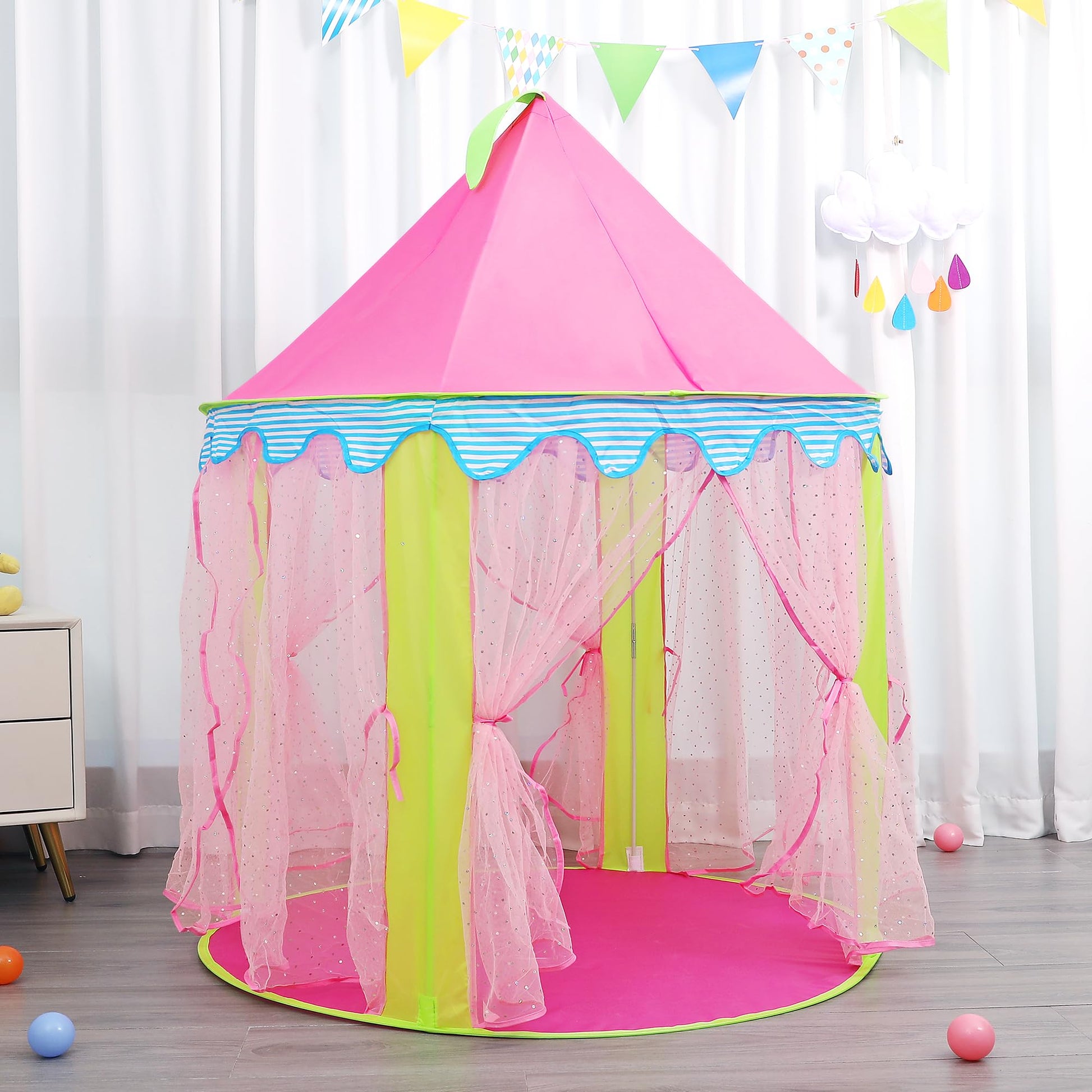 Kids Princess Tent & Lights, Children Play House Toy, 41" x 53", Pink