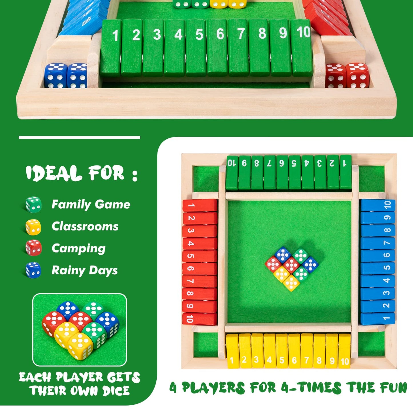 Shut The Box Dice Game,8 Dice 4 Players Wooden Board Table Math Skills Game with Drop it Game Instructions for Kids Adults Easy to Learn, Family