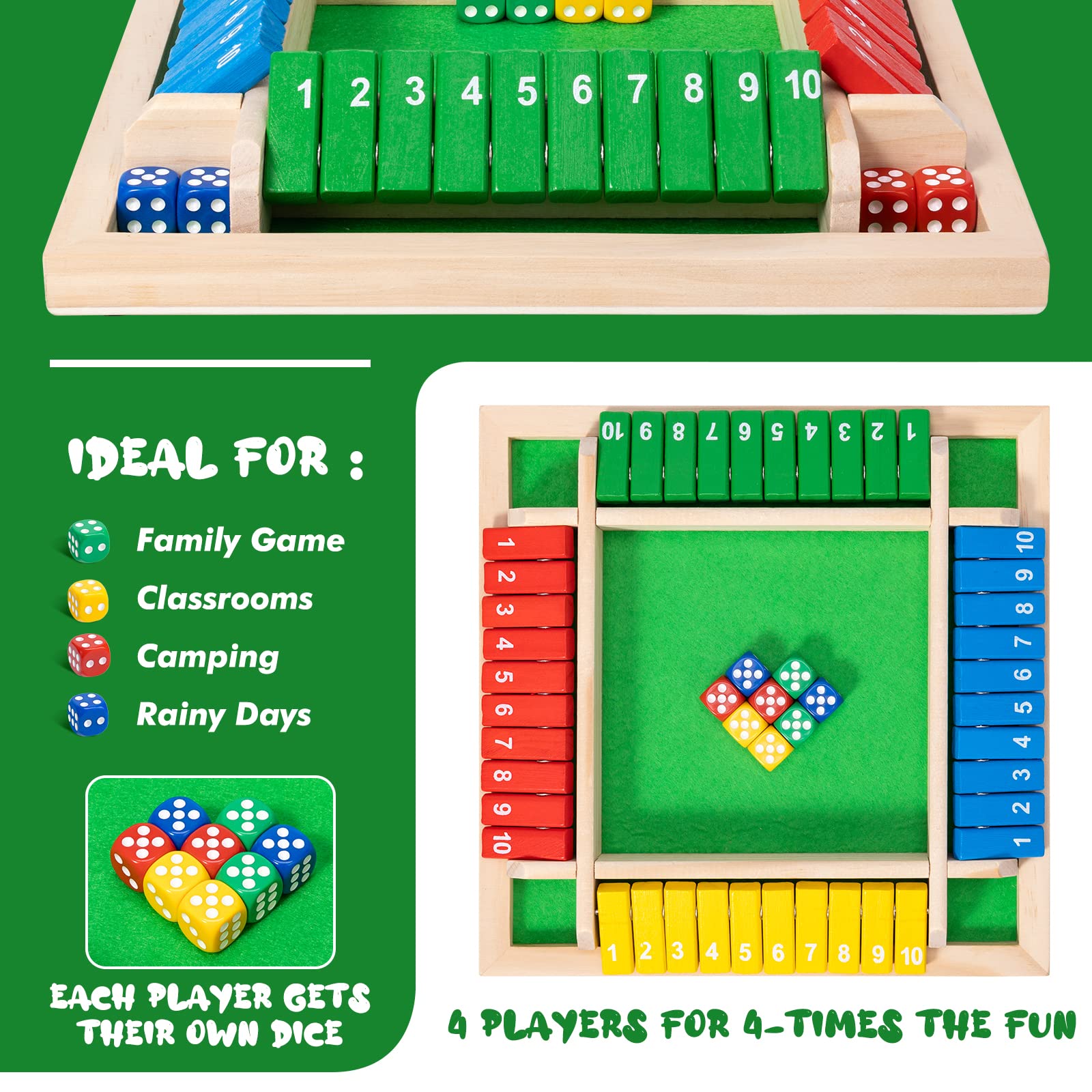 Shut The Box Dice Game,8 Dice 4 Players Wooden Board Table Math Skills Game with Drop it Game Instructions for Kids Adults Easy to Learn, Family
